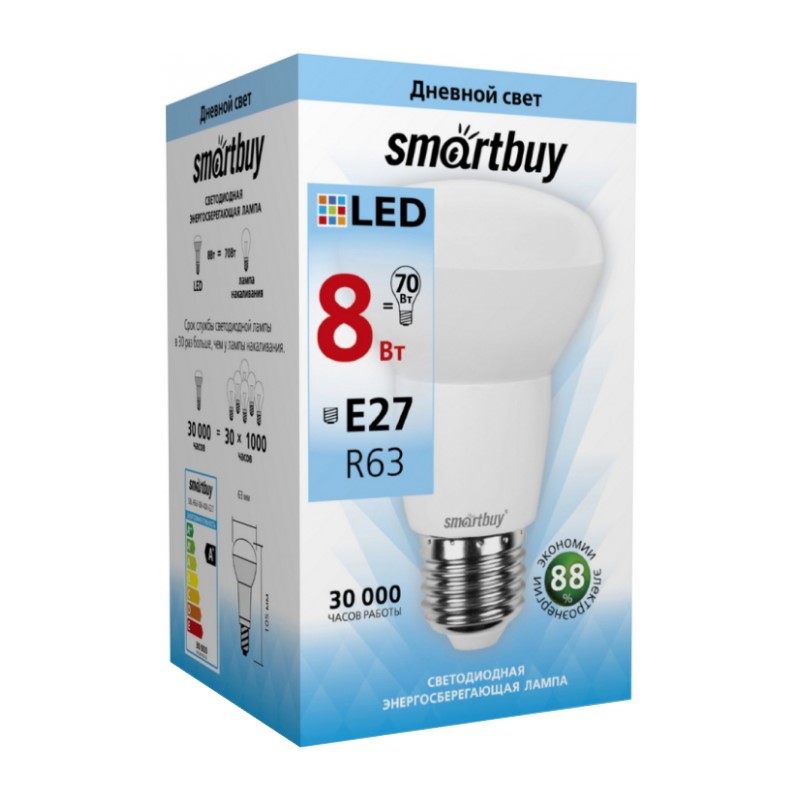 Лампа светодиодная Smartbuy зеркальная LED E27, 8Вт, R63, 230В, 4000К, нейтральный свет