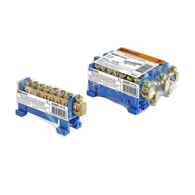 Шина "N" нулевая с изолятором на DIN-рейку 100А, 6х9 мм (8 отв.)